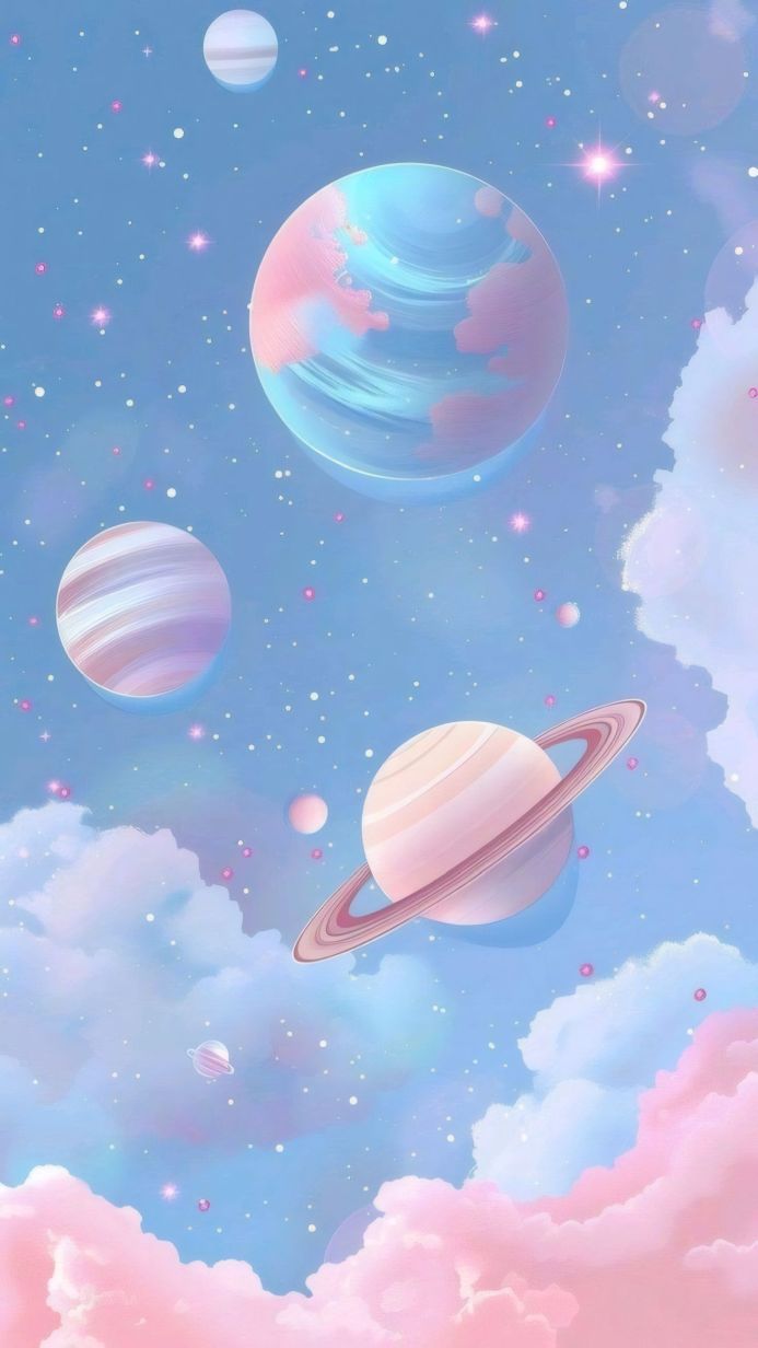 Pastel planets and pink clouds against a light blue sky with stars
