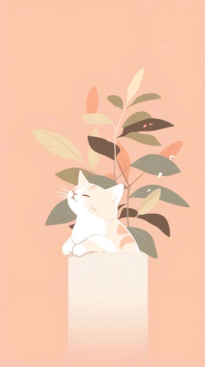 A peach-colored cat nestled among plants in a minimalist illustration
