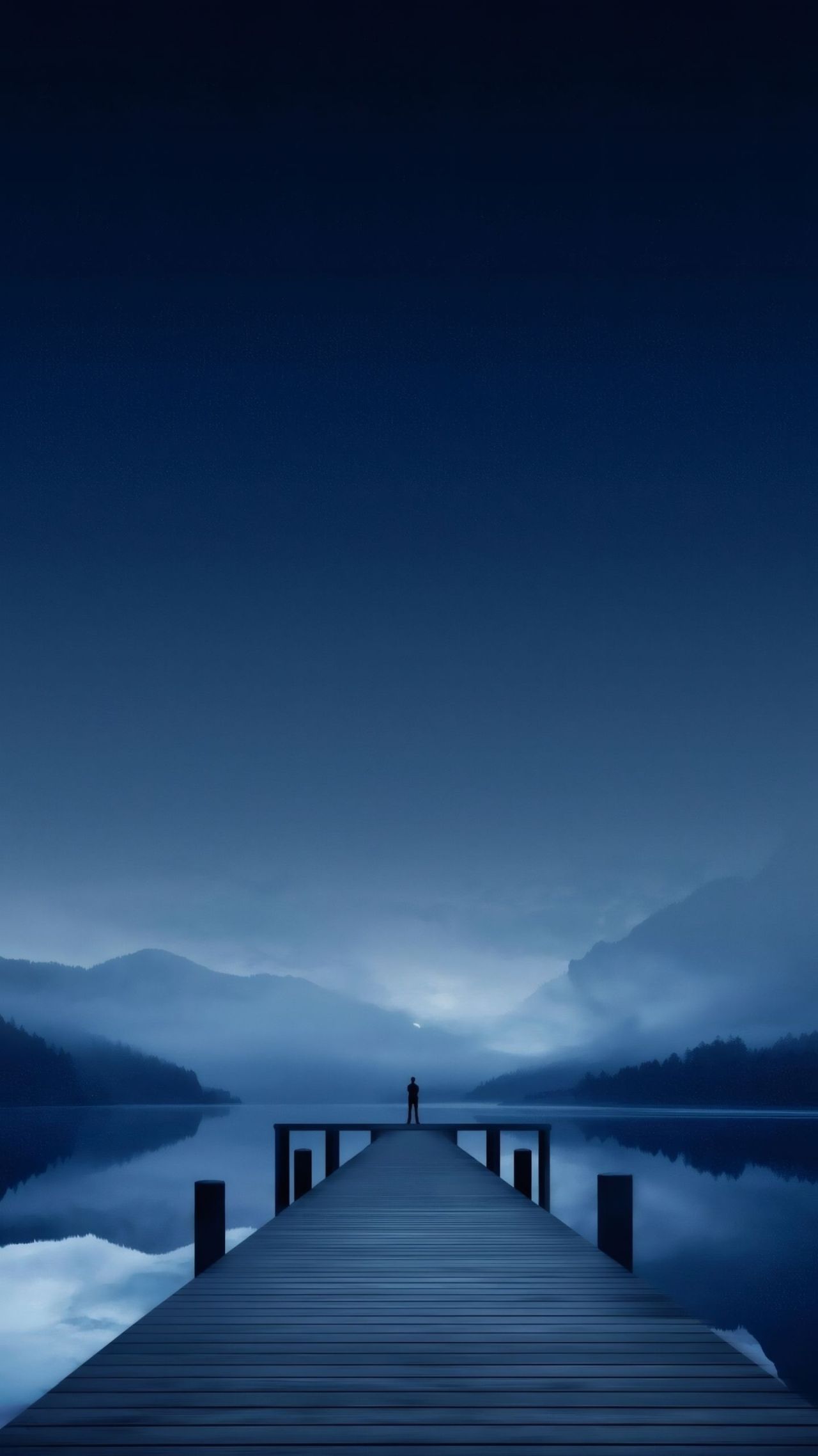 Person silhouette on pier over lake with mountains