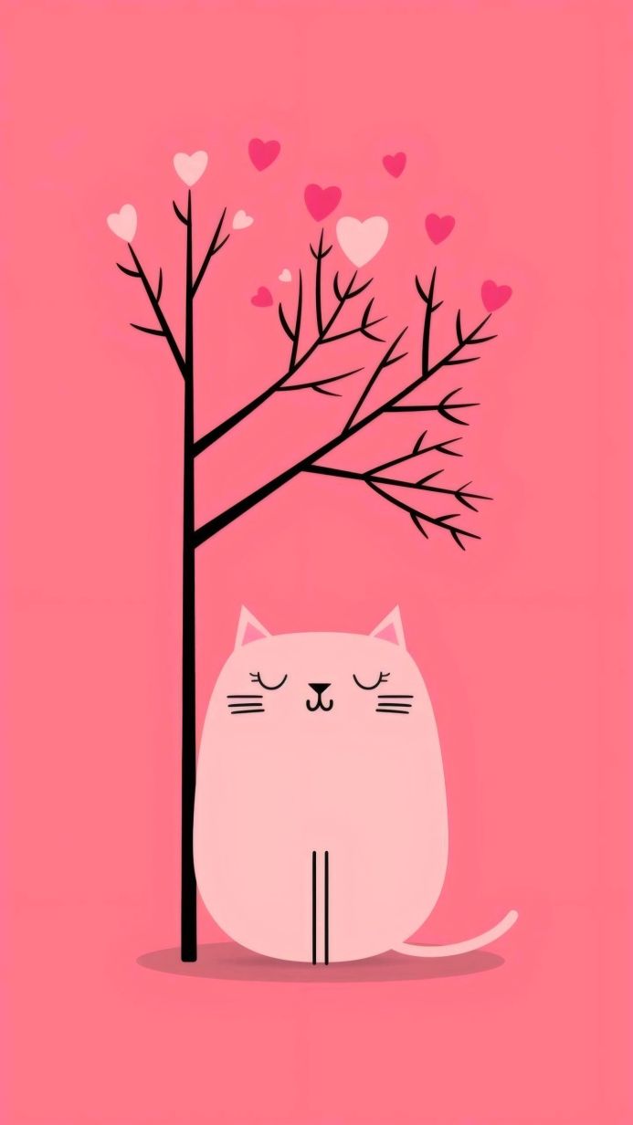 Cute pink cat under a tree with hearts on a pink background