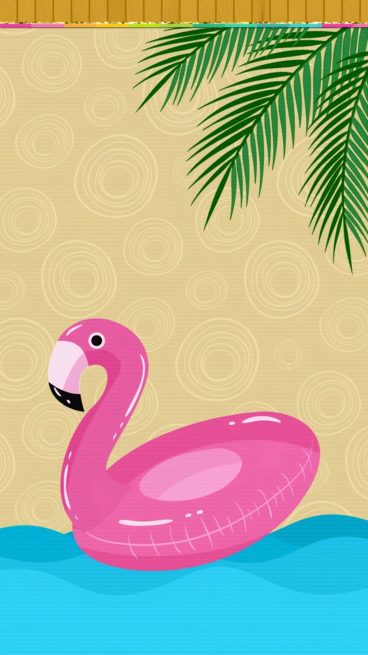 pink inflatable flamingo on water with palm leaves