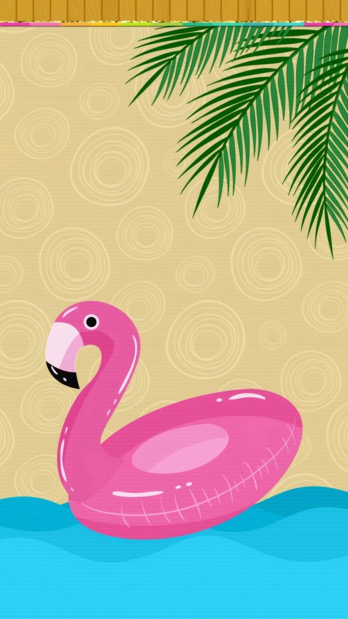 Pink inflatable flamingo floating on blue water with a tropical palm branch overhead