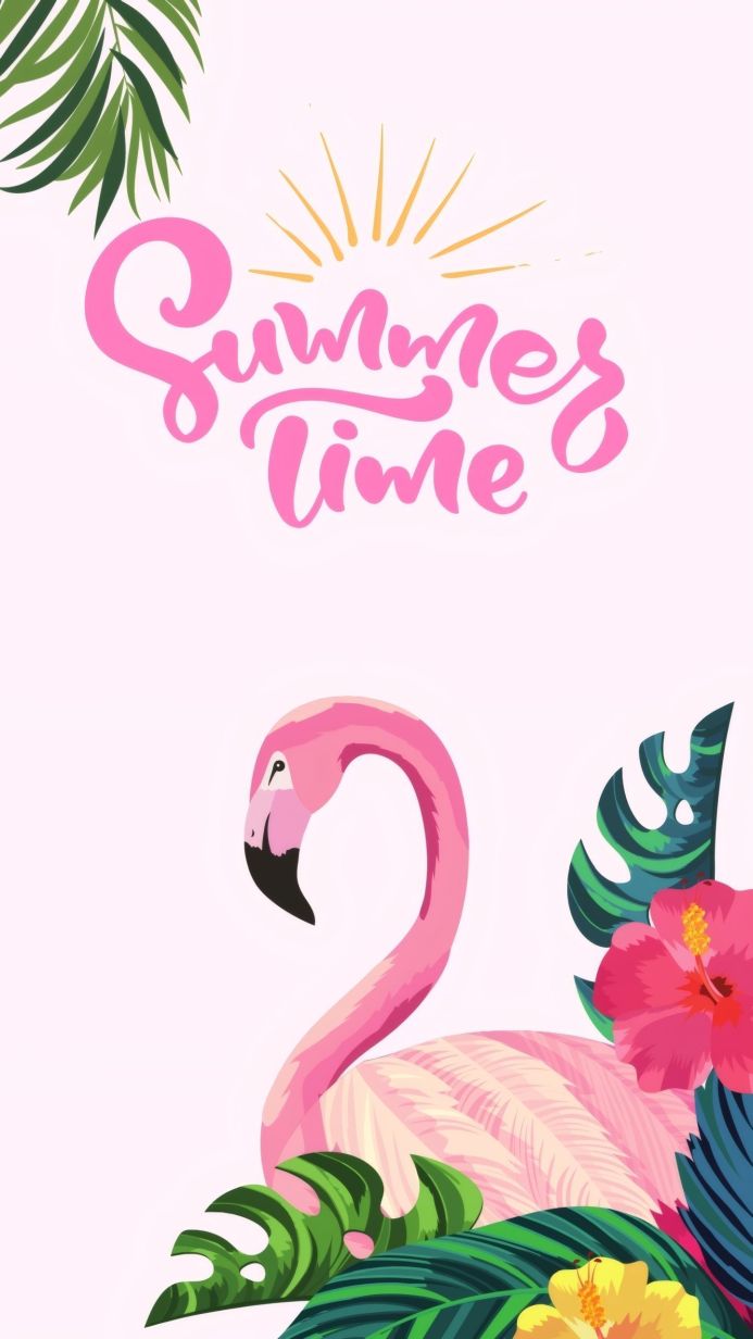 Pink flamingo with tropical flowers and leaves illustration on a light pink background