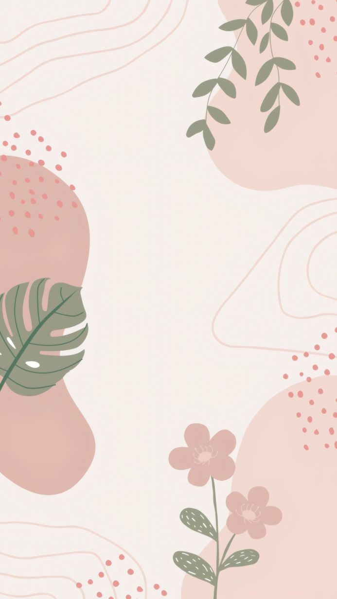 Illustration with pink flowers, green leaves, beige background and abstract shapes