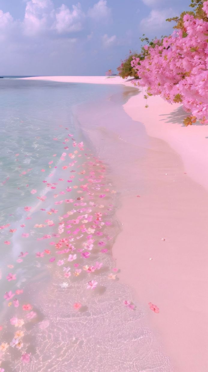 Pink flowers on a pastel beach with turquoise water