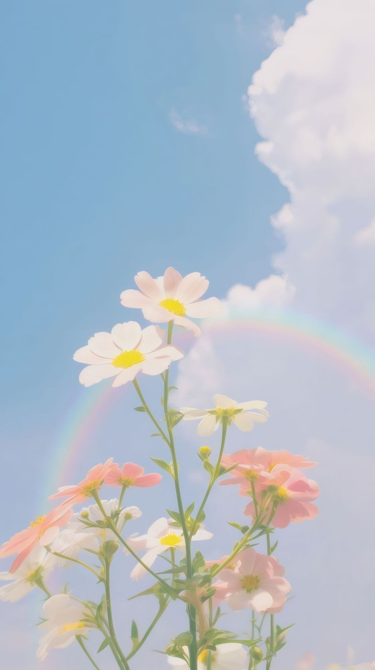 Pastel flowers blue sky clouds rainbow