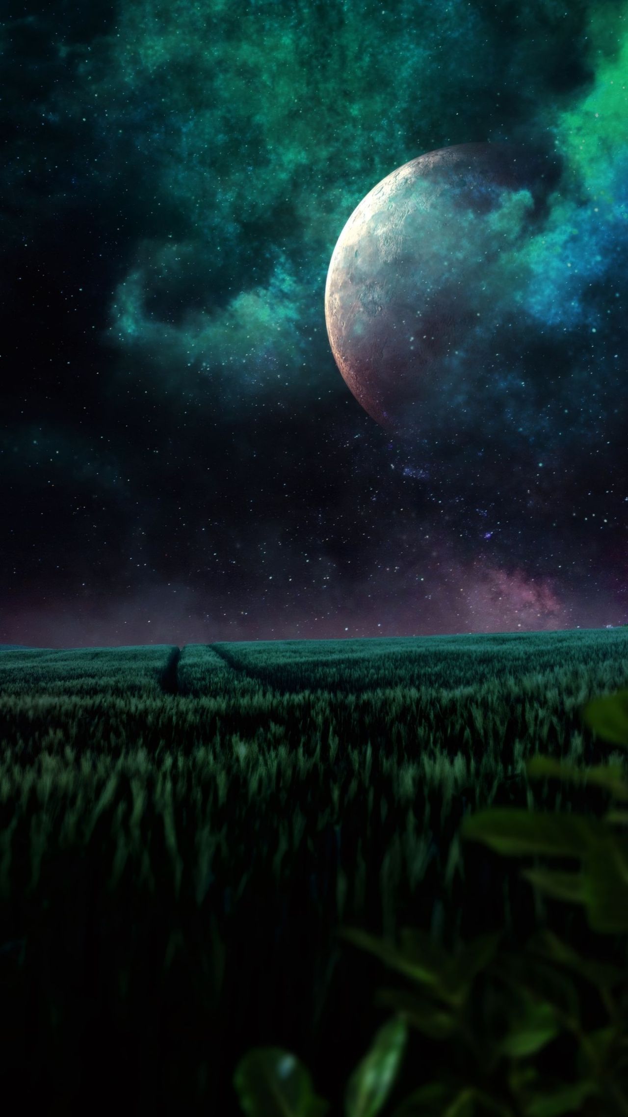 A field under a moon in a space sky