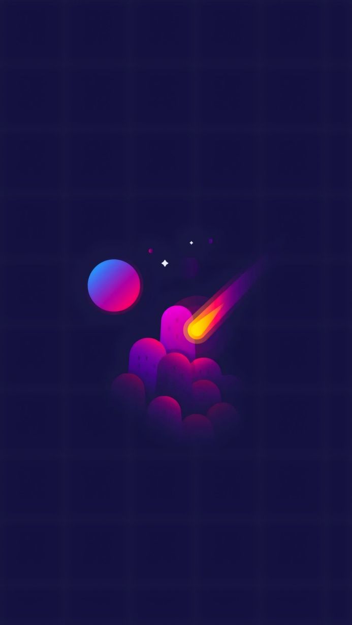 Colorful illustration of a planet, meteor, and stylized mountains against a dark blue background