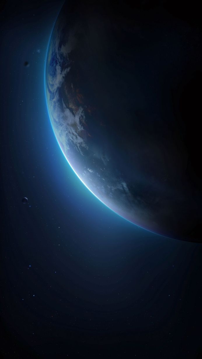 A planet with a visible atmosphere and two moons against a dark space background