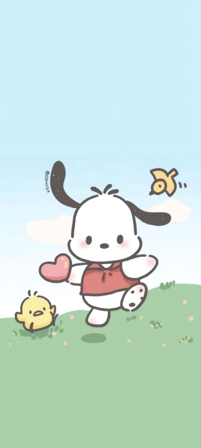 Pochacco cartoon with a chick and a flying bird on a green field and blue sky