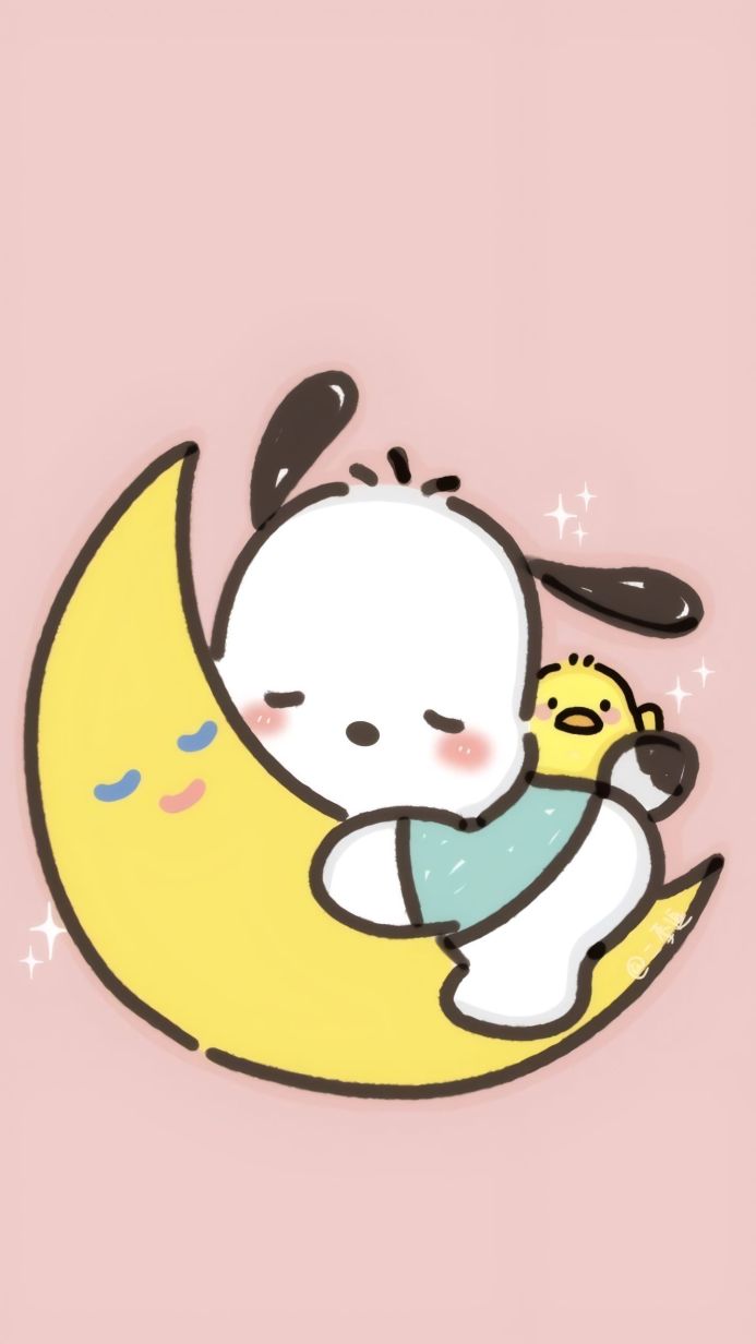 Pochacco and a chick sleeping on a crescent moon against a pink background
