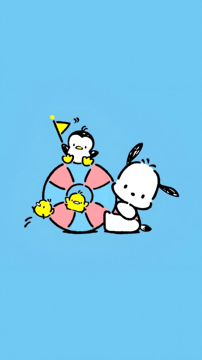 Pochacco and Piichan swimming in a blue and pink life preserver on a blue background