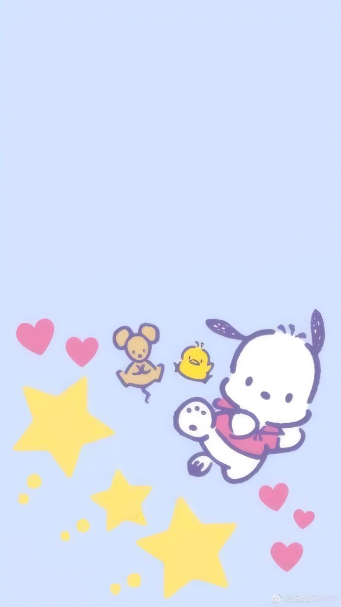 Pochacco with his friends Piyo and Choppi on a light blue background with hearts and stars