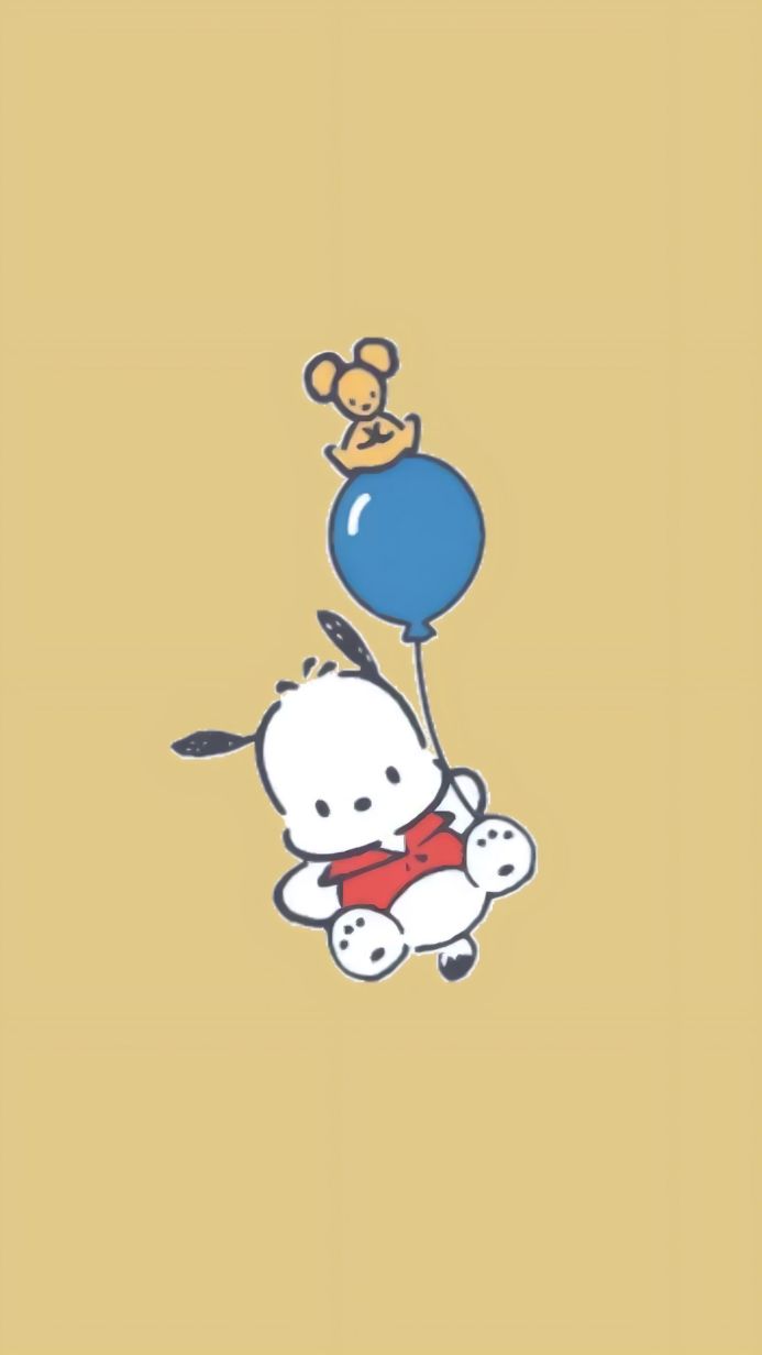 Pochacco with a small mouse on a blue balloon, Sanrio cartoon character