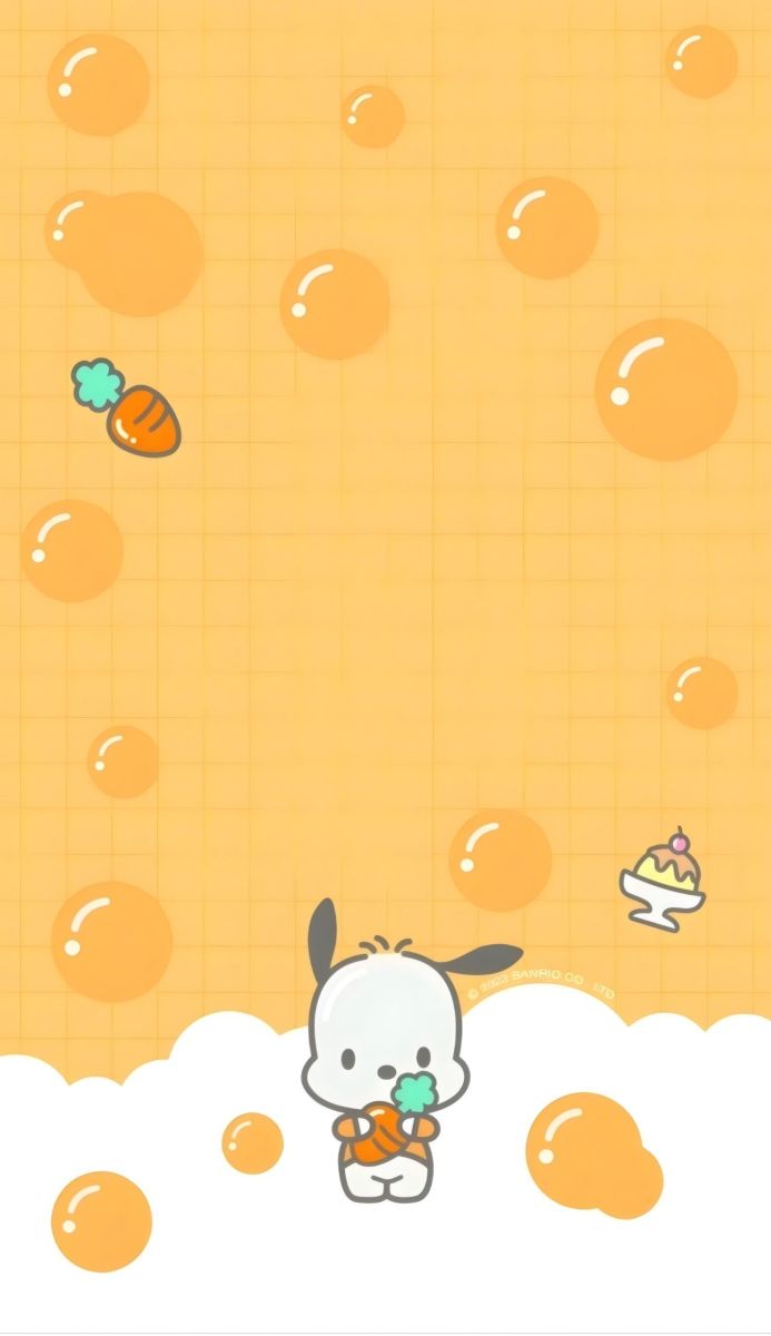 Pochacco cartoon character with bubbles on a yellow background