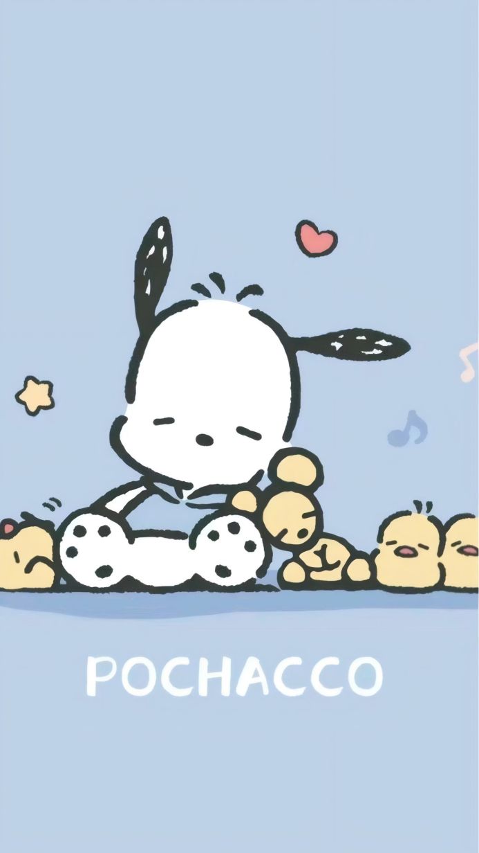 Pochacco with chicks and musical notes on a blue background