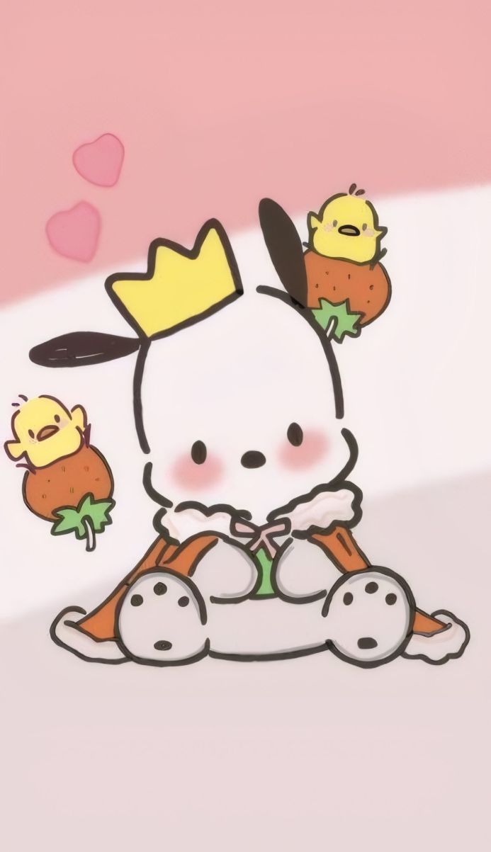 Pochacco, a Sanrio character, with a crown and two chicks on strawberries