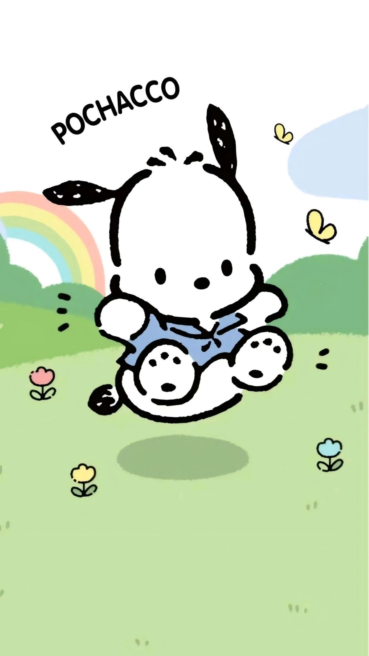 Pochacco the dog jumping in a green field with rainbow