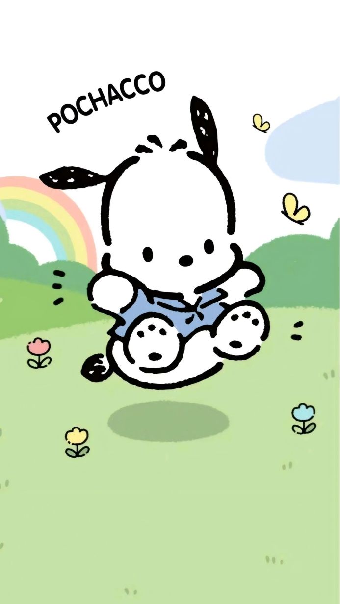 Cartoon Pochacco flying over a green field with a rainbow in the background