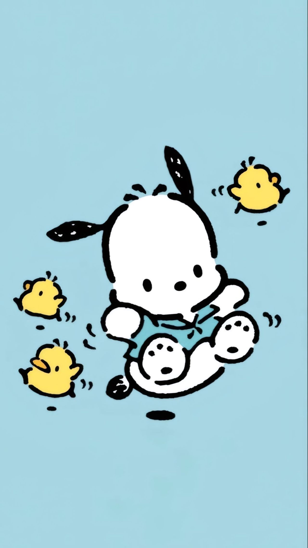 Pochacco jumping with three yellow chicks