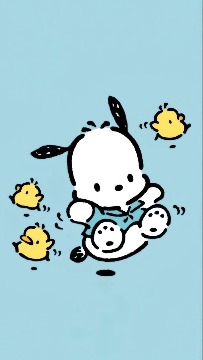 Pochacco, a Sanrio character, surrounded by yellow chicks on a light blue background