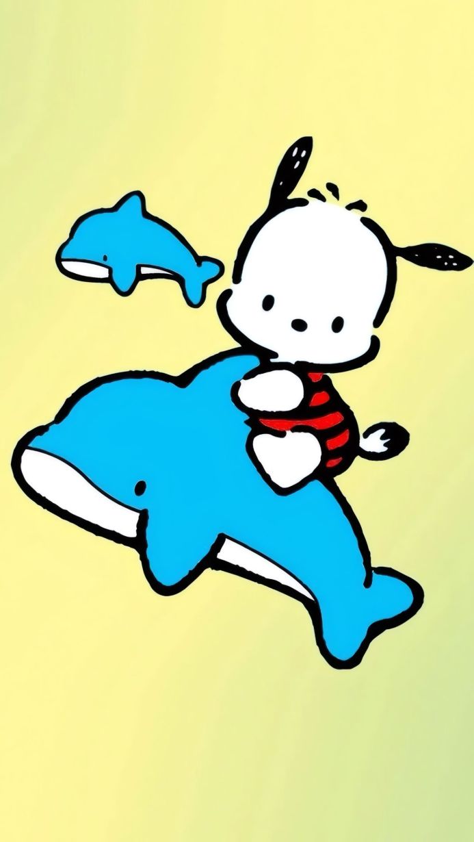Pochacco riding a blue dolphin with another dolphin swimming nearby, on a yellow background