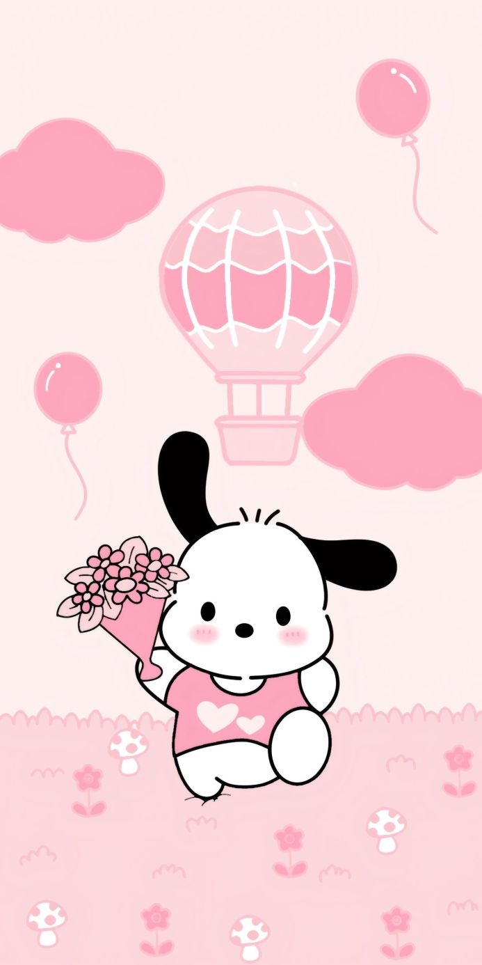 Pochacco holding flowers in a pink world with balloons and clouds