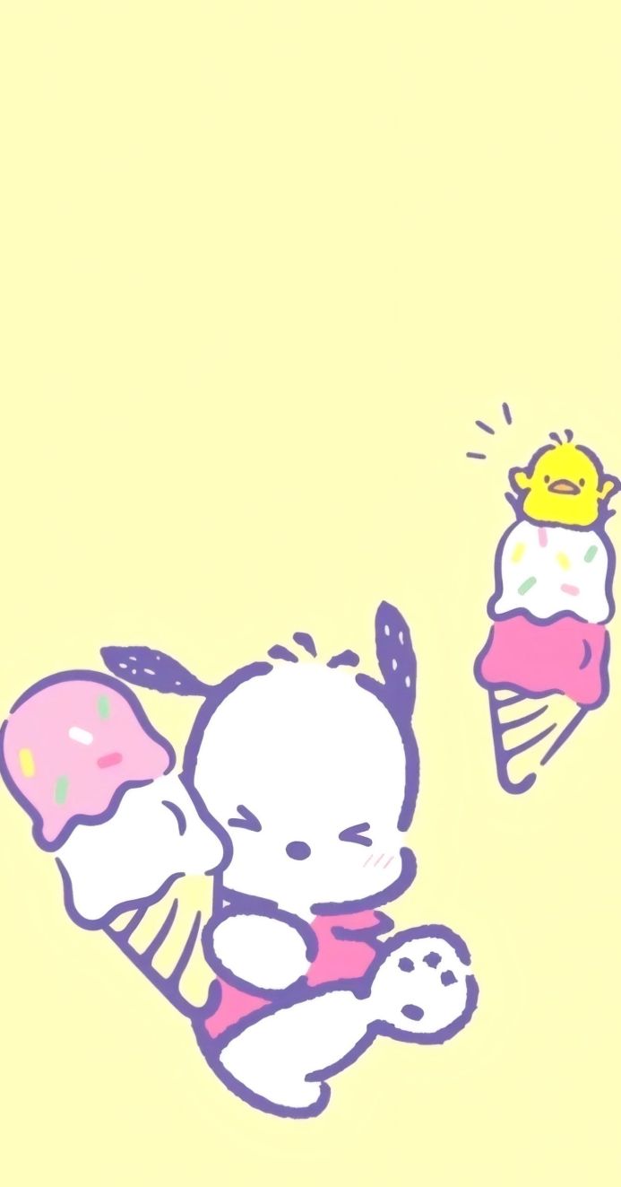 Pochacco with ice cream cones on a yellow background, a Sanrio character