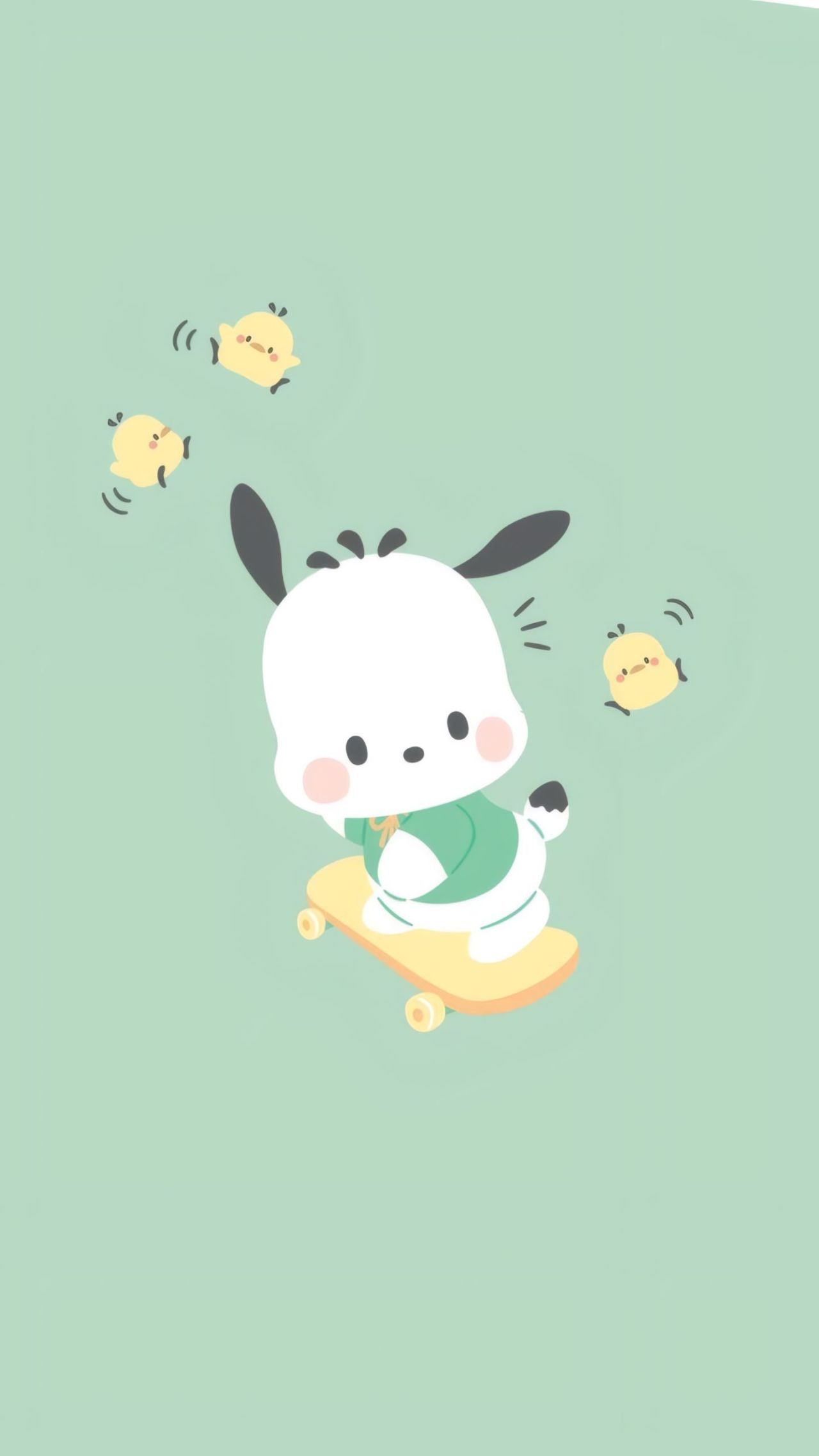 Pochacco riding a skateboard with chicks flying