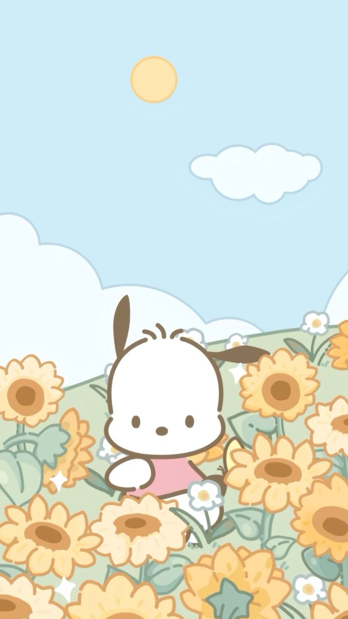 Pochacco in a field of sunflowers with a pastel sky, Sanrio character
