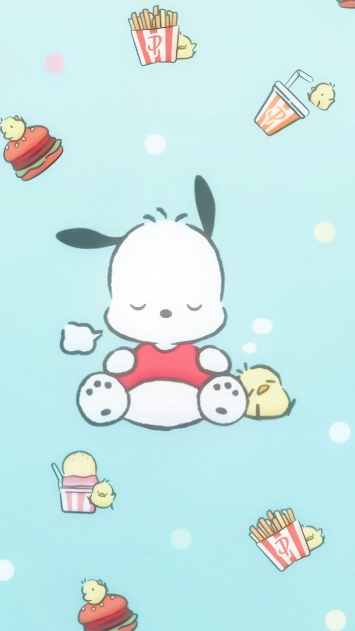 Pochacco sits with a chick on a light blue background with fast food elements