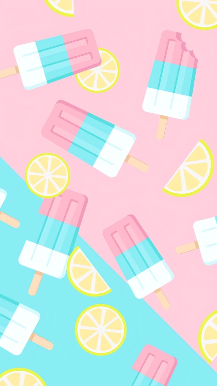 Colorful popsicles and lemon slices on a pink and blue background