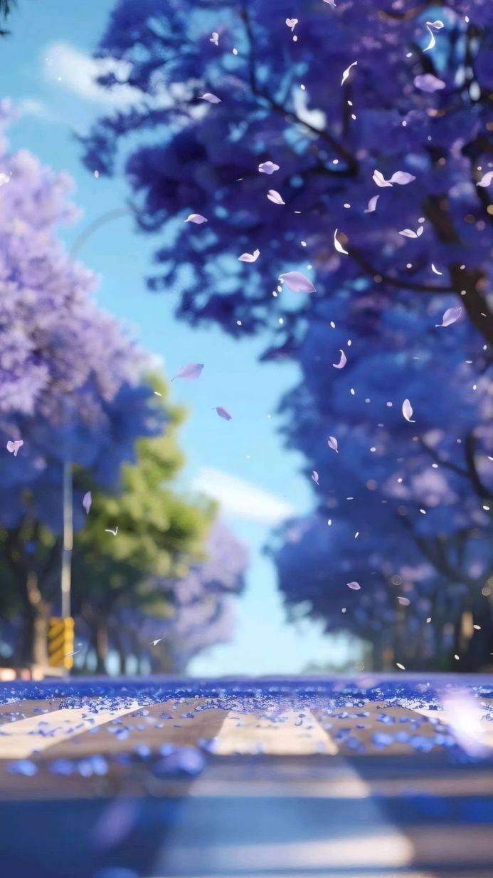A street with purple blooming trees and falling petals on a bright day
