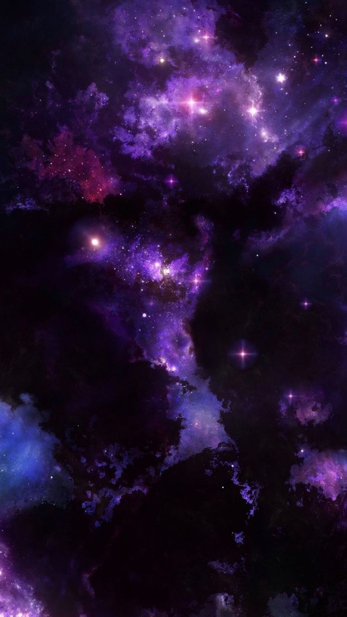 A vibrant nebula with bright stars and cosmic dust clouds in shades of purple, dark blue, and pink