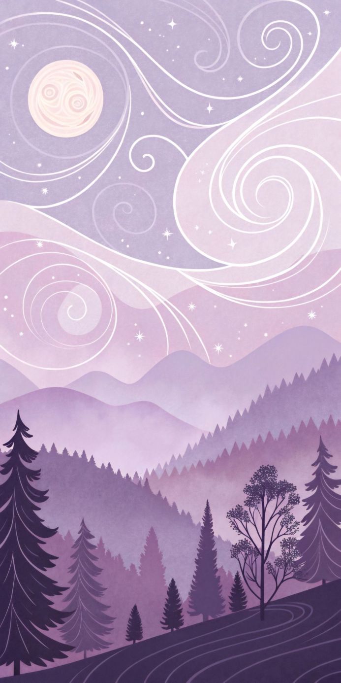 Purple landscape illustration with trees, mountains, and a stylized moon and clouds