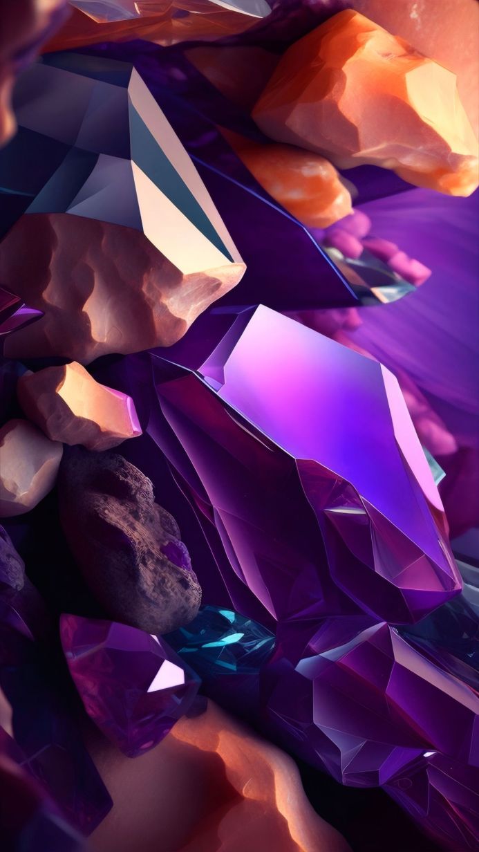 Abstract image of purple, orange, and blue rocks and crystals
