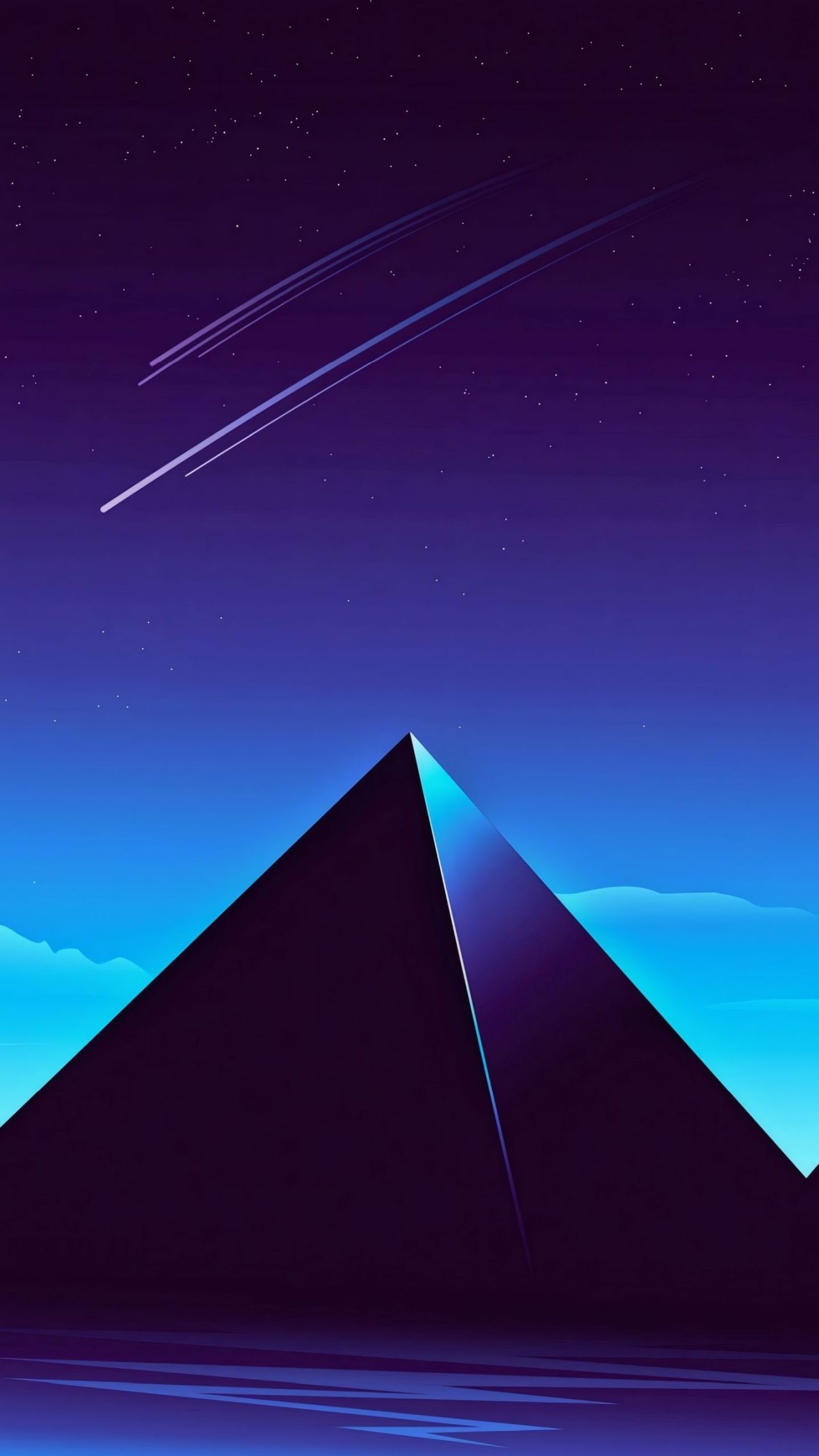 Geometric pyramid in blue and purple night sky with stars