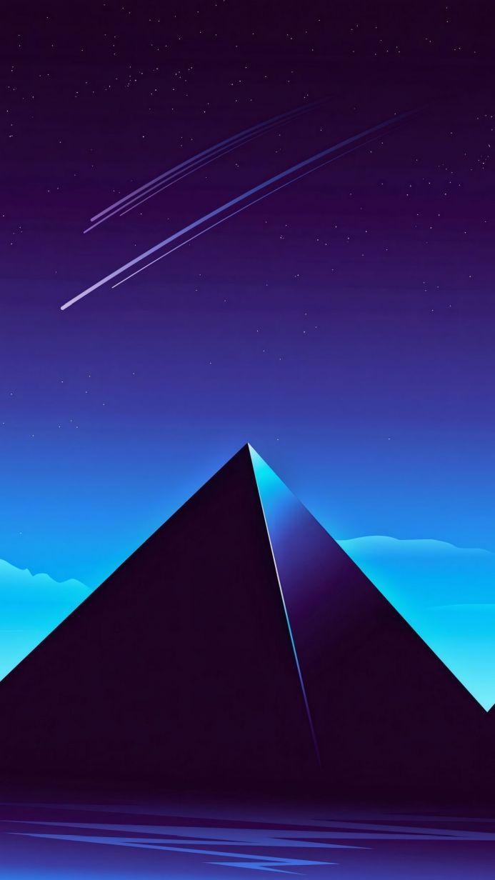 A pyramid with a light blue edge against a violet and blue starry night sky with shooting stars