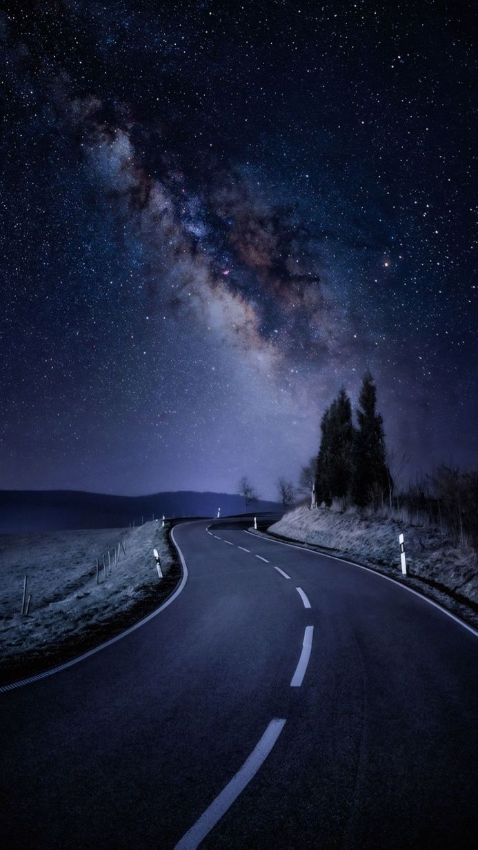 Road under the Milky Way with starry sky and trees at night