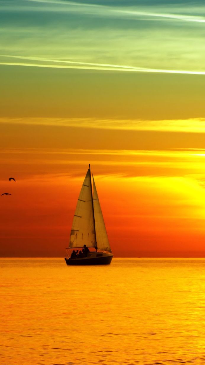 A sailboat sails on the sea at sunset, with birds flying in the sky