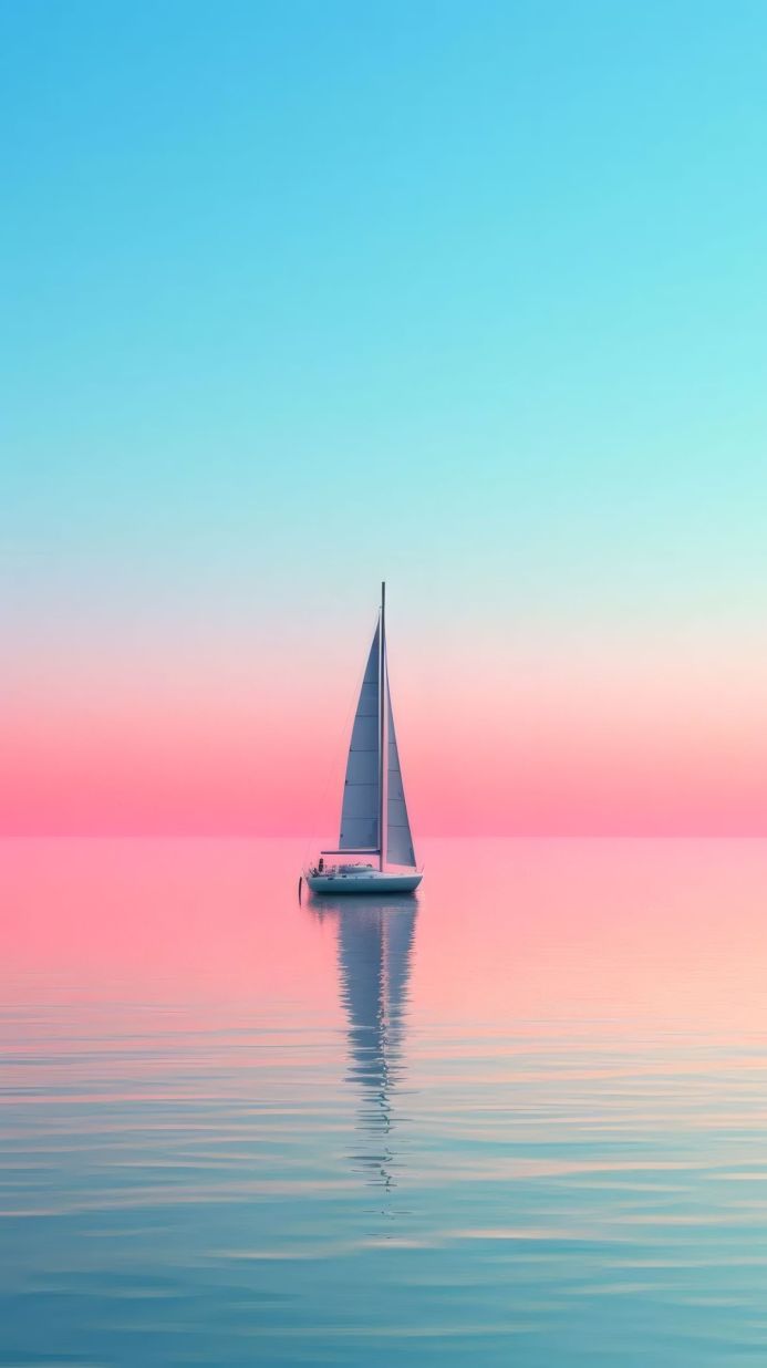 Sailboat on calm water at sunset with pastel sky, reflecting on the water