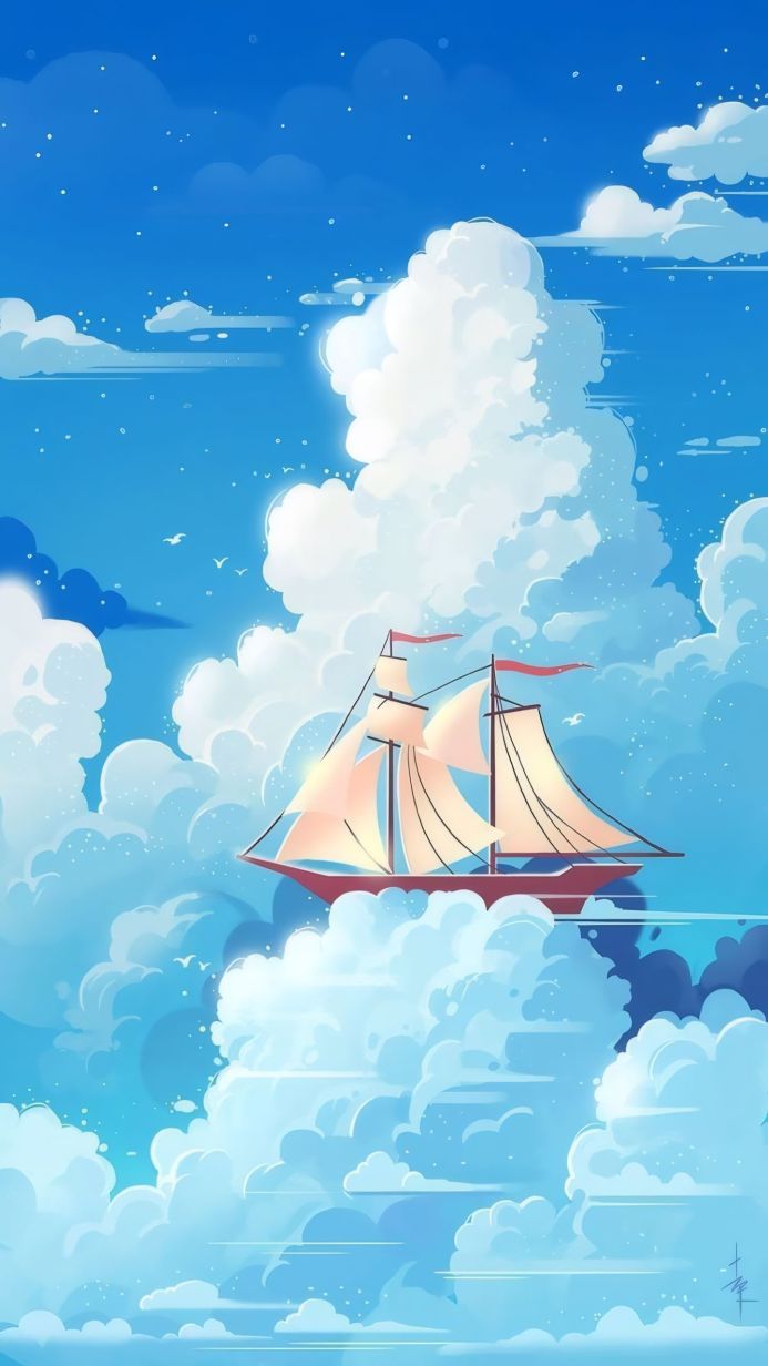 A sailing ship floating in the sky amongst the clouds, cartoonish illustration