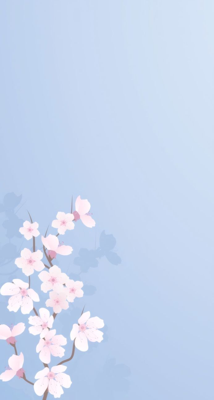 Cherry blossom branch with pink flowers on a light blue background