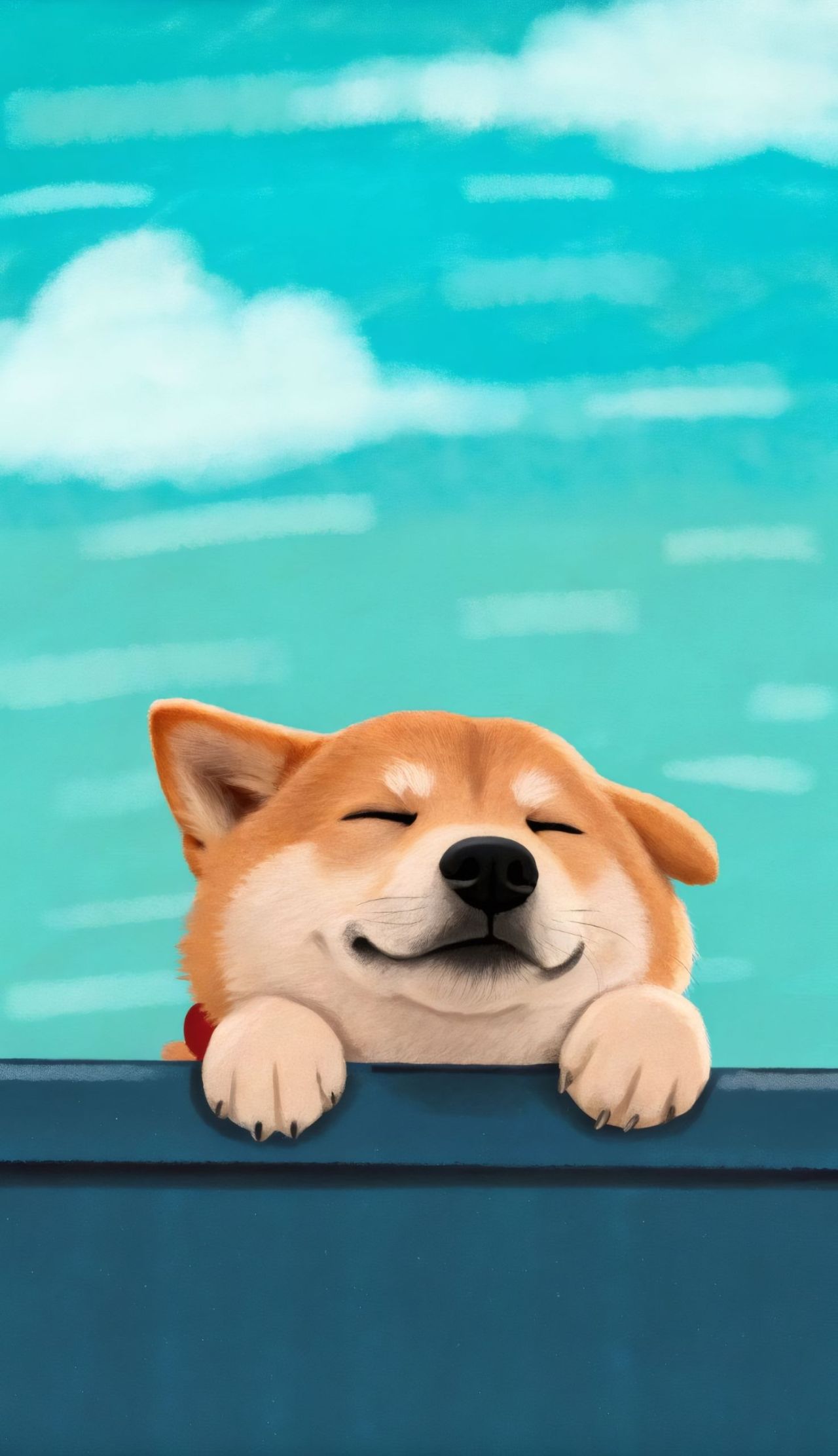 Happy Shiba Inu dog peeking over blue surface