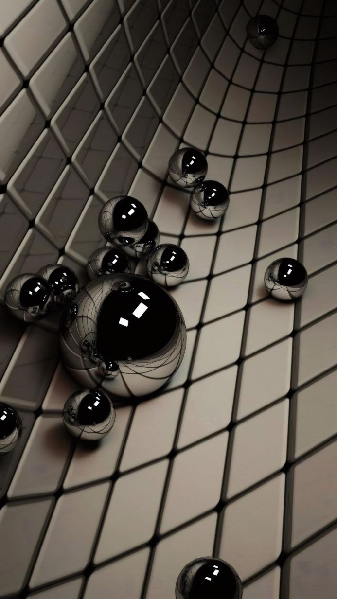 Silver spheres on a gray, diamond-patterned grid, creating a 3D abstract design