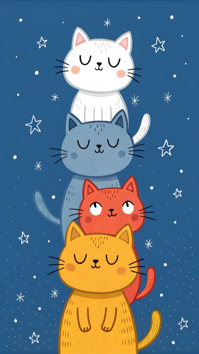 Four cartoon cats stacked on top of each other against a blue background with stars