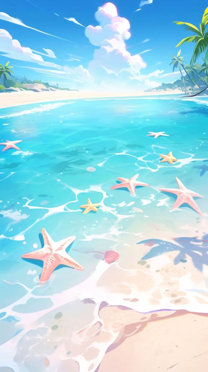 Starfish on a tropical beach with turquoise water and palm trees