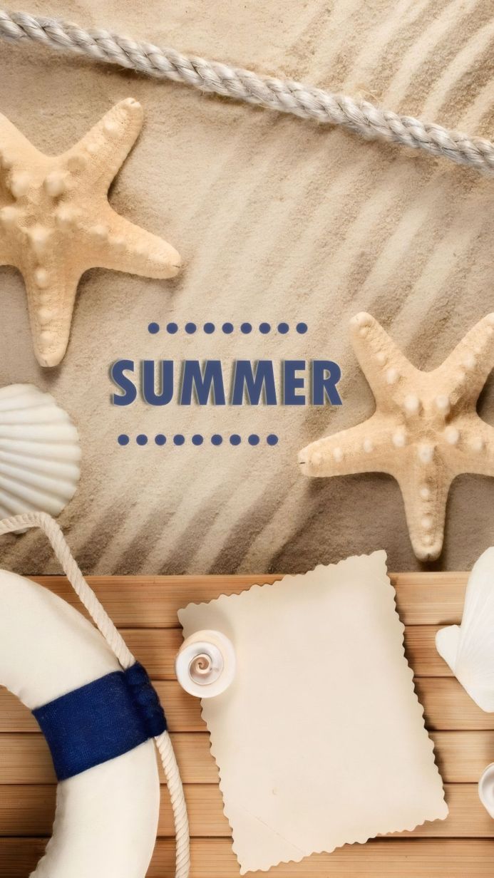 Summer beach composition with starfish, shells, lifebuoy and sand