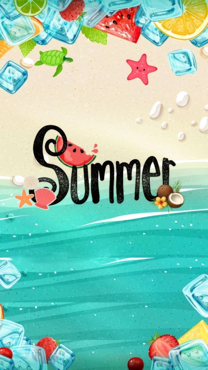 Summer illustration with fruits, ice cubes, sea life, and the word "Summer"