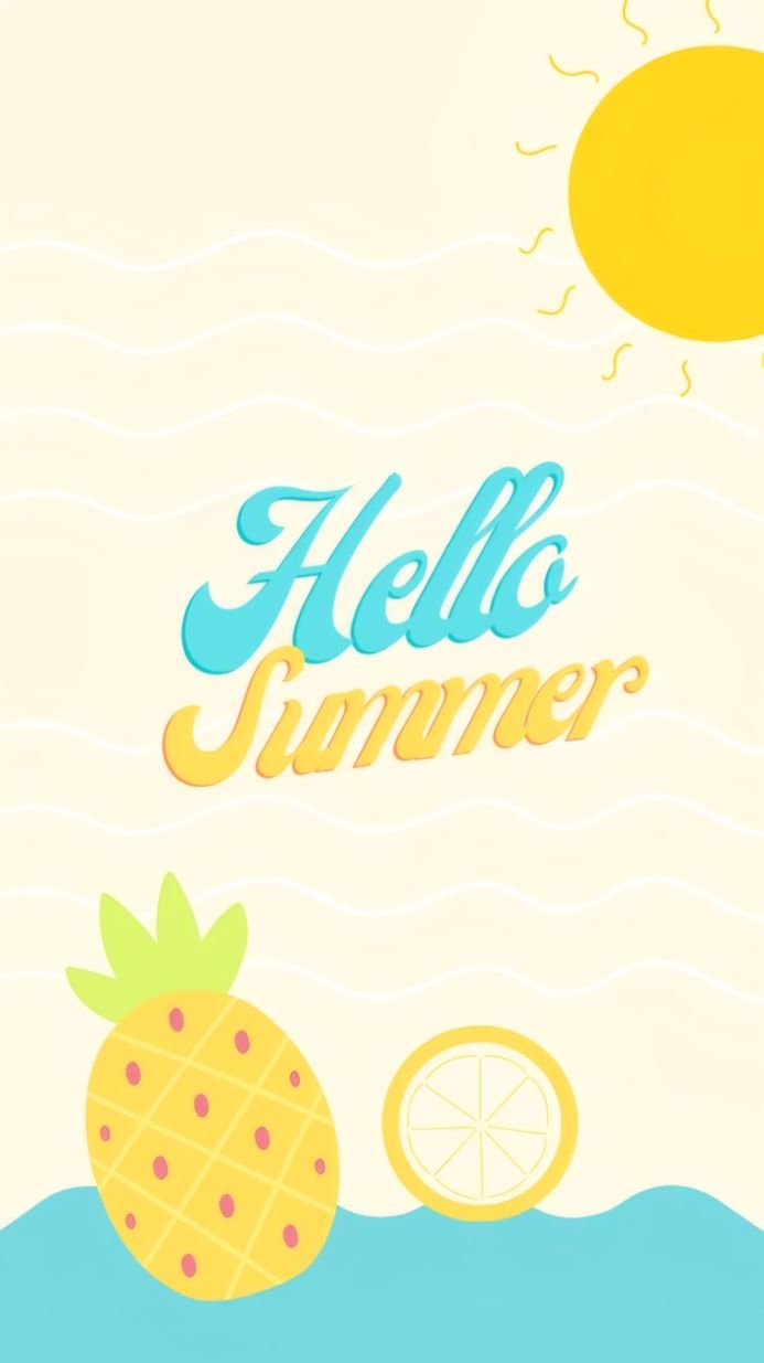 Summer illustration with pineapple, lemon and sun on a light background
